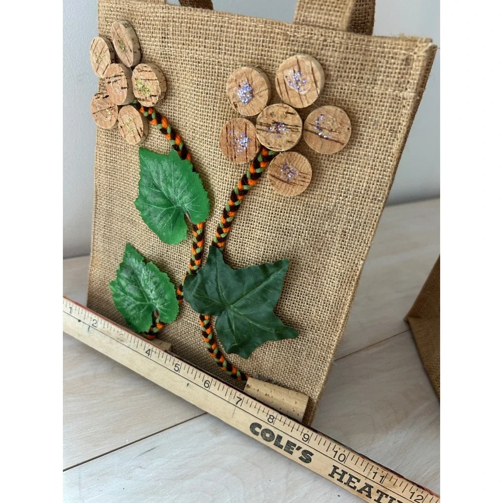 Joullian‎ Vineyards Burlap Wine Gift Bags Set Cork Flower Decor Rustic Jute 2pc